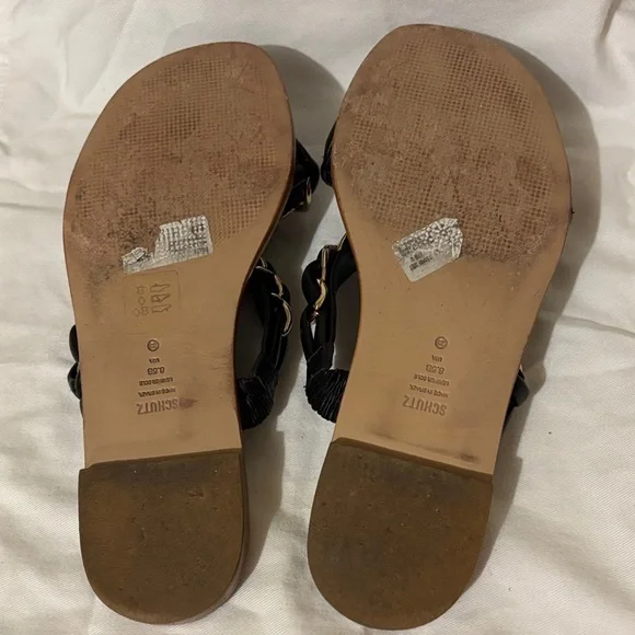 SCHUTZ Black Sandals flats with Gold Chain Detail - Picture 5 of 8